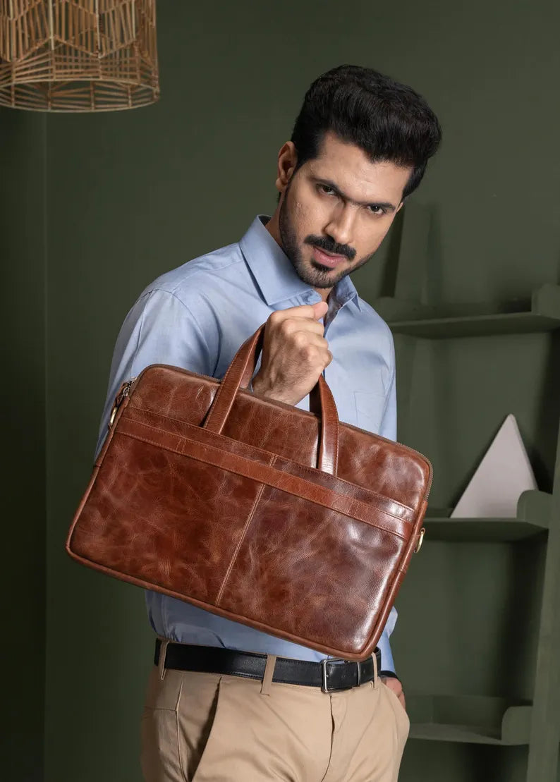 Distressed Tan Leather Laptop Briefcase - Lifestyle Shot