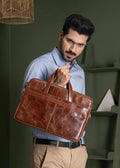 Distressed Tan Leather Laptop Briefcase - Lifestyle Shot
