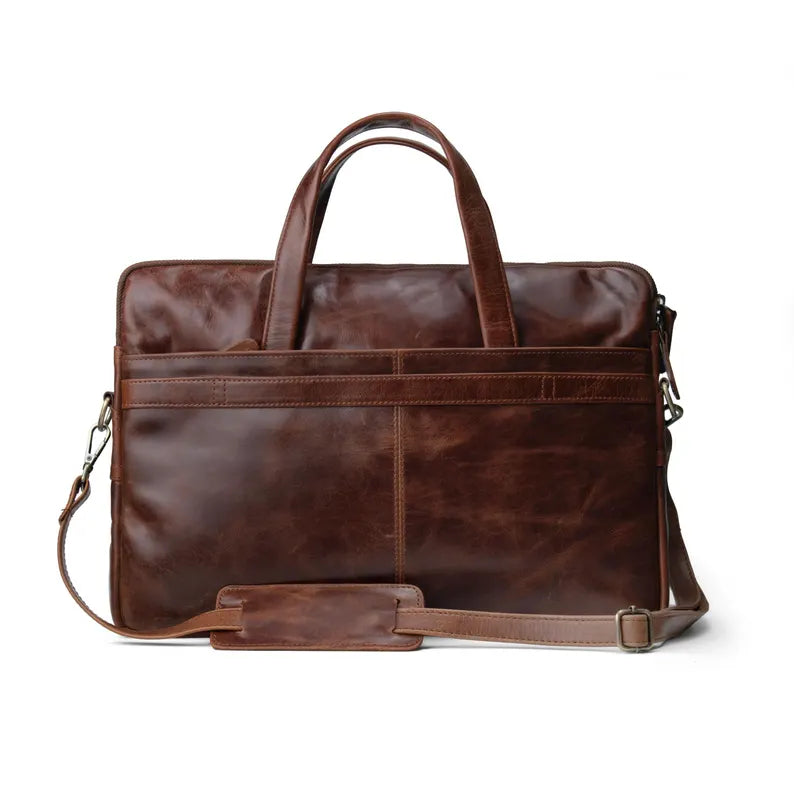 Distressed Tan Leather Laptop Briefcase - Front View