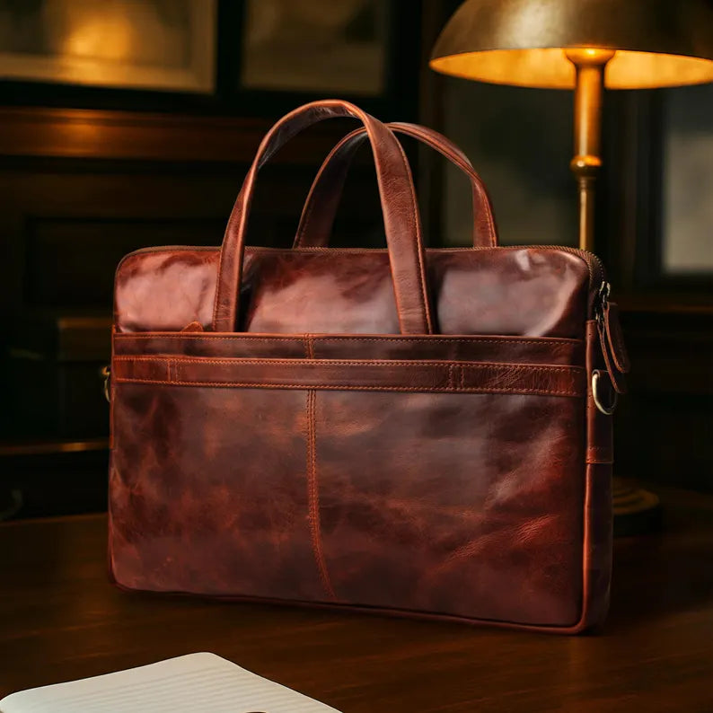 Distressed Tan Leather Laptop Briefcase - Moody Studio Shot