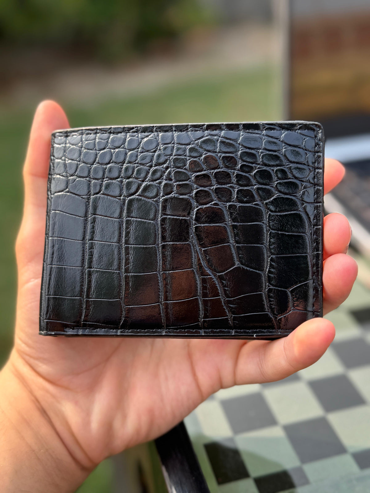 Dark brown crocodile embossed leather bifold wallet