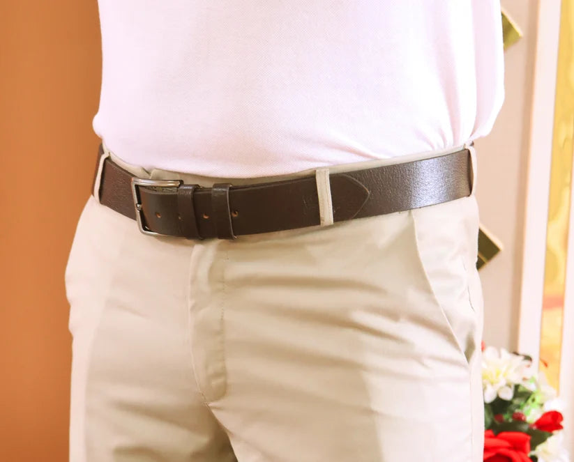 Dark Brown Embossed Leather Belt - Worn View