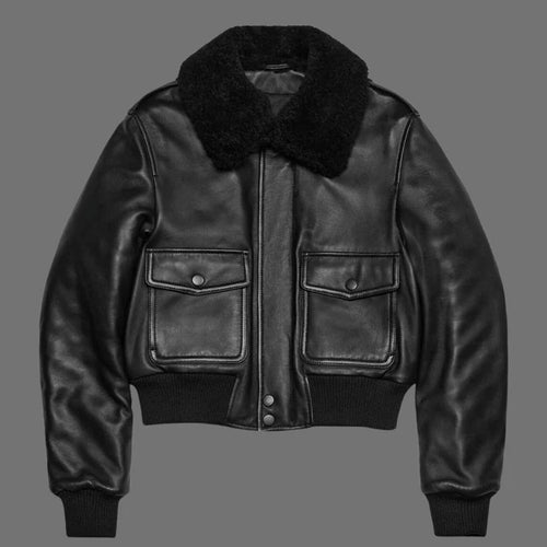 Black Leather Bomber Jacket with Shearling Collar - Front View