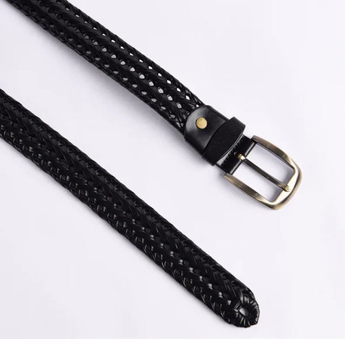 Black Braided Leather Belt - Close Up
