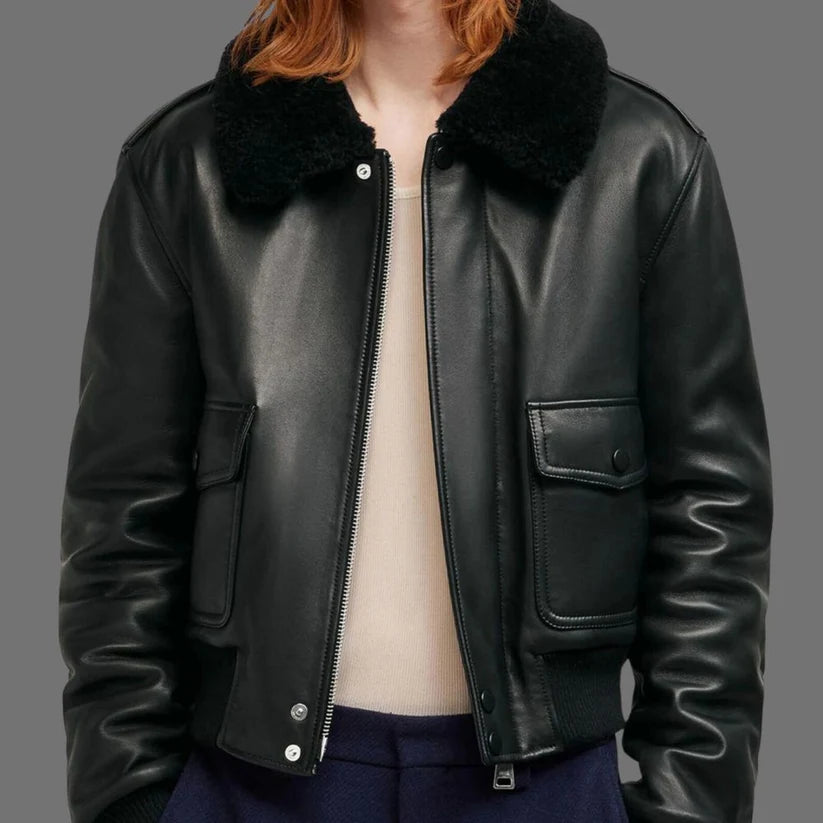 Black Leather Bomber Jacket with Shearling Collar - Open Front View