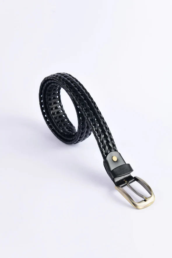 Black Braided Leather Belt - Rolled View