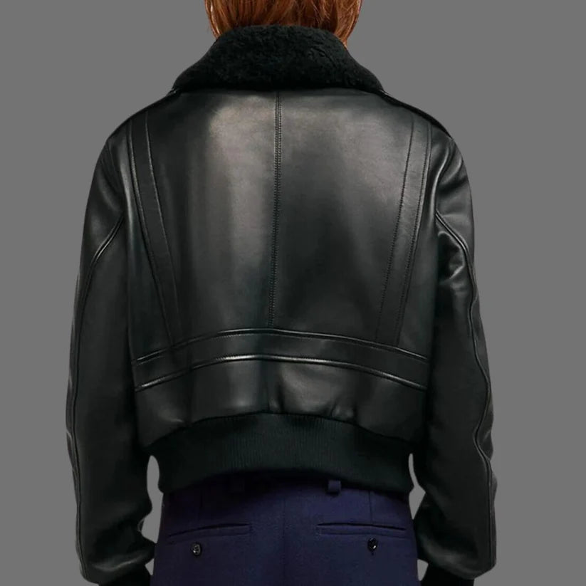 Black Leather Bomber Jacket with Shearling Collar - Back View
