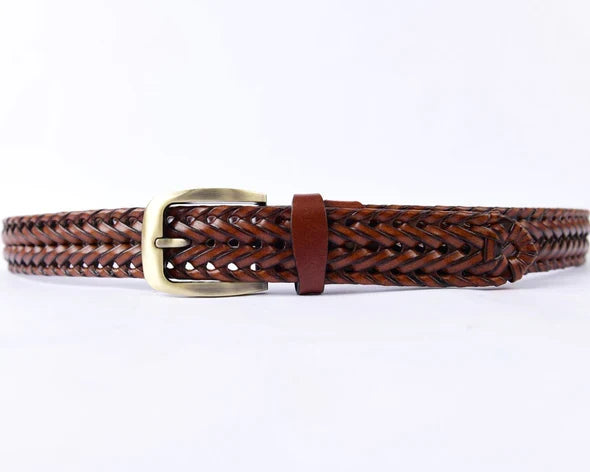 Tan Brown Woven Leather Belt - Full View