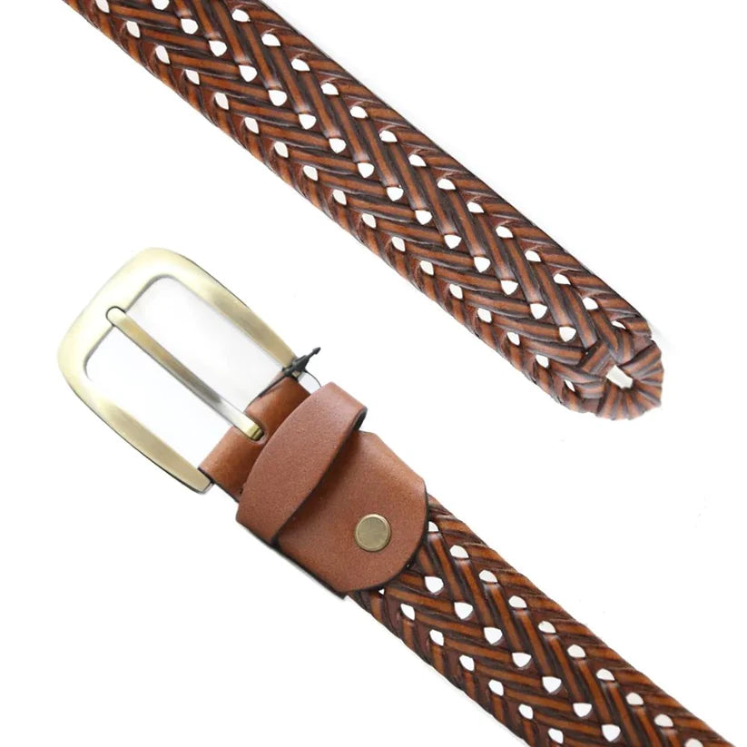 Tan Brown Woven Leather Belt - Buckle Close Up