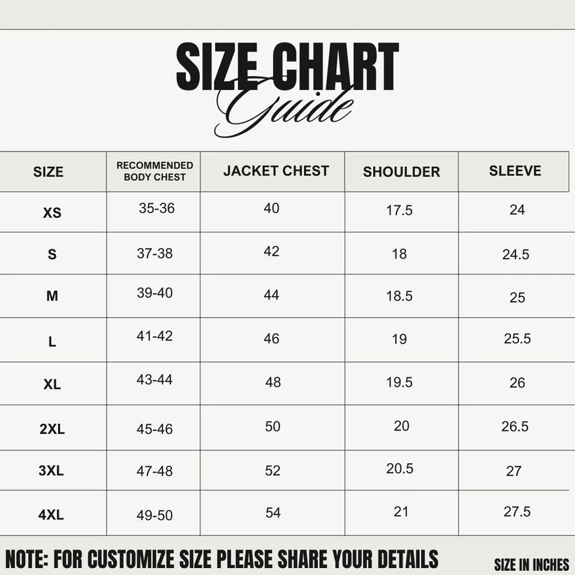 Classic Black Leather Jacket - Size Chart
