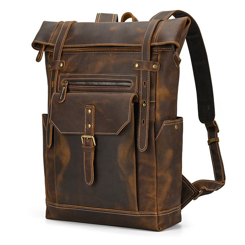 Rugged Leather Roll-Top Backpack - Front View