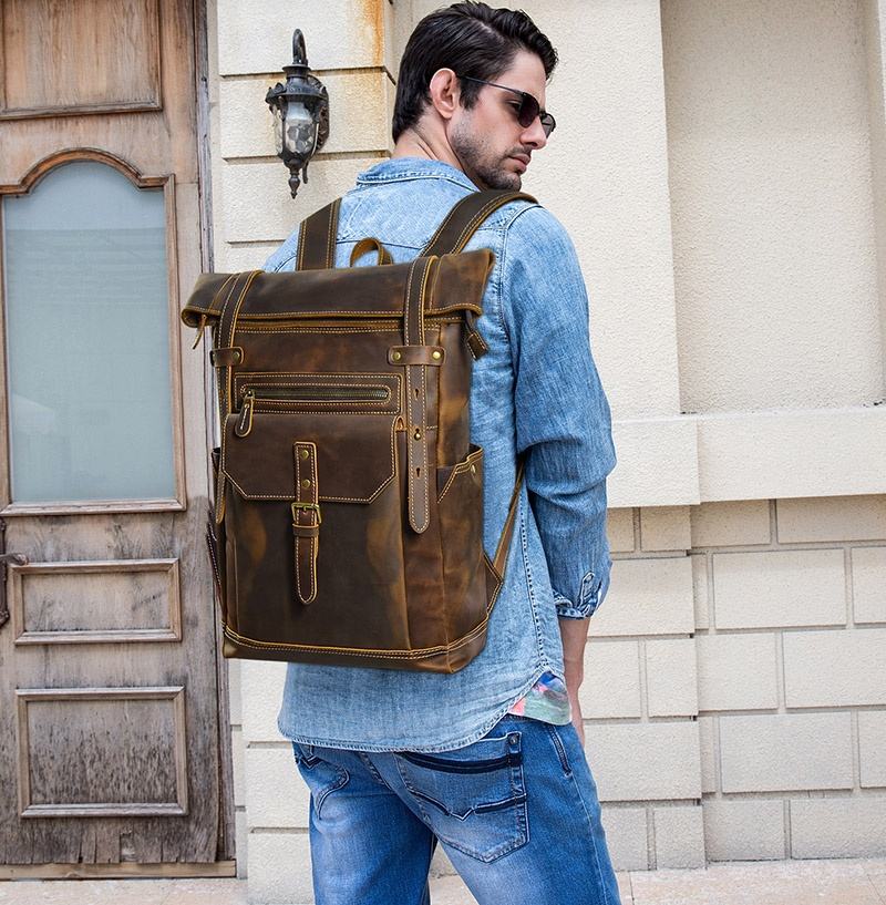 Rugged Leather Roll-Top Backpack - Lifestyle Shot