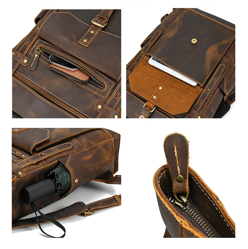 Rugged Leather Roll-Top Backpack - Detail Pockets