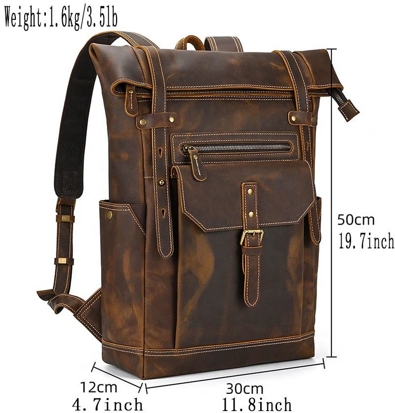 Rugged Leather Roll-Top Backpack - Dimensions
