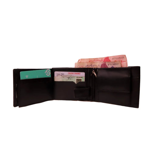 Black Leather Bifold Wallet - In Use with Cards and Cash